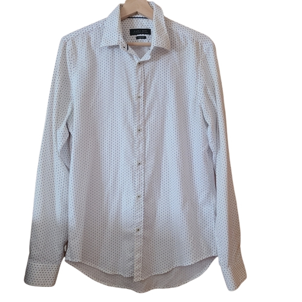 Zara Man long-sleeved white  blue bug slim fit buttoned up shirt